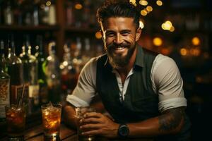 portrait souriant barman mélanges une cocktail dans une Mixeur. ai généré photo