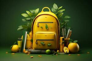 école Provisions avec une sac à dos, dans le style de foncé Jaune et lumière vert. ai généré photo