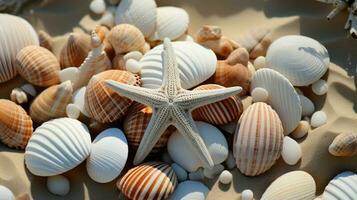 plage trouve petit coquillages, fossile corail et le sable dollars, puka coquilles, une mer oursin et une blanc étoile de mer. ai généré photo