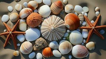 plage trouve petit coquillages, fossile corail et le sable dollars, puka coquilles, une mer oursin et une blanc étoile de mer. ai généré photo