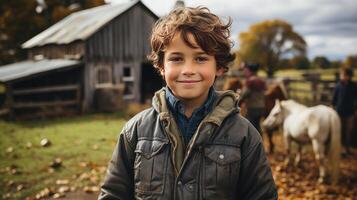 enfant dans une cheval ranch avec une maison. ai généré photo