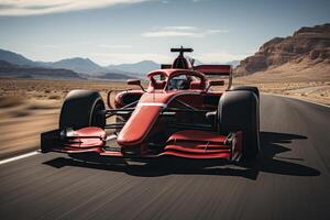 proche en haut une formule 1 voiture à plein la vitesse sur une courses circuit. ai généré photo