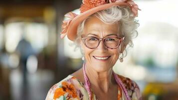 fermer sur souriant Sénior femme habillé dans fleuri robe. ai généré photo