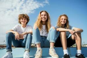 portrait de 3 souriant adolescents portant jeans et baskets séance sur le mur, flou bleu ciel Contexte. ai généré photo