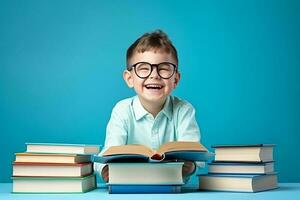 portrait de une content enfant peu garçon avec des lunettes séance sur une empiler de livres et en train de lire une livres, lumière bleu Contexte. ai généré photo