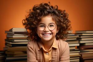 portrait de une content enfant peu fille avec des lunettes séance sur une empiler de livres et en train de lire une livres. ai généré photo