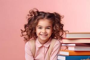 portrait de une content enfant peu fille avec des lunettes séance sur une empiler de livres et en train de lire une livres, lumière rose Contexte. ai généré photo