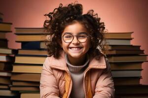 portrait de une content enfant peu fille avec des lunettes séance sur une empiler de livres et en train de lire une livres. ai généré photo