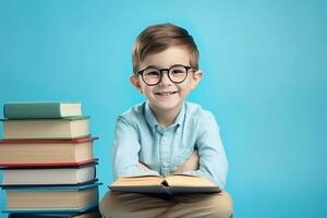 portrait de une content enfant peu garçon avec des lunettes séance sur une empiler de livres et en train de lire une livres, lumière bleu Contexte. ai généré photo