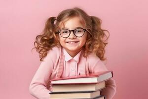 portrait de une content enfant peu fille avec des lunettes séance sur une empiler de livres et en train de lire une livres, lumière rose Contexte. ai généré photo