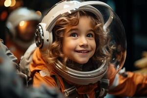 portrait de peu enfant fille dans un astronaute costume. ai généré photo