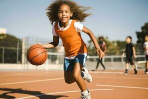 pré adolescente fille dribble Balle à des sports rechercher. ai généré photo