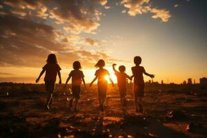 silhouette de les enfants sauter joie content temps contre le coucher du soleil. ai généré photo