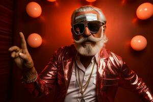 vieux homme gris barbe tenir ancien disco Balle Danse froussard porter Père Noël Noël costume. ai généré photo