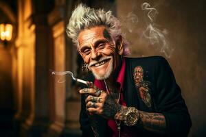 souriant vieux tatoué mode homme avec audacieux cheveux fumeur une cigarette dans une église. ai généré photo