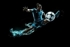 football joueur dans milieu air coups de pied Balle sur une noir Contexte . ai généré photo