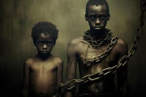 Masculin prisonnier dans chaîne. enfant esclavage concept. génératif ai photo