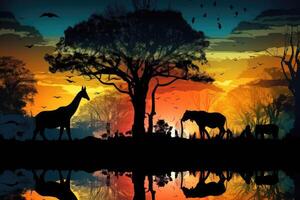 silhouette de africain animaux. girafe à le coucher du soleil près des arbres. génératif ai photo