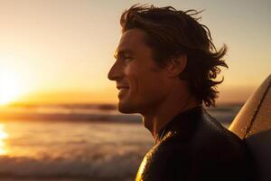 homme avec planche de surf sur mer plage à le coucher du soleil. génératif ai photo