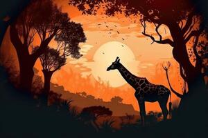 silhouette de africain animaux. girafe à le coucher du soleil près des arbres. génératif ai photo