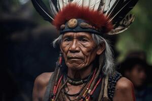 portrait de indigène tribu homme. originaire de américain personnes. génératif ai photo