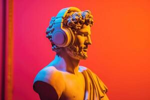 gypse statue dans écouteurs sur coloré abstrait Contexte. génératif ai photo