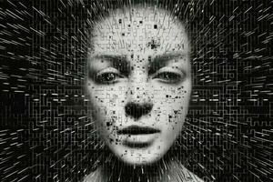 numérique femelle visage hologramme sur futuriste Contexte. génératif ai photo