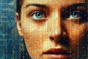 numérique femelle visage hologramme sur futuriste Contexte. génératif ai photo
