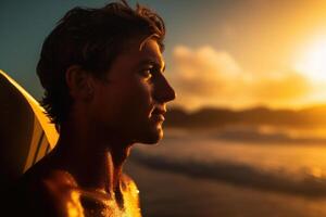 homme avec planche de surf sur mer plage à le coucher du soleil. génératif ai photo