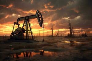 silhouette de pétrole pompes à le coucher du soleil. énergie crise. génératif ai photo