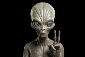 extraterrestre humanoïde spectacles paix geste sur foncé Contexte. génératif ai photo