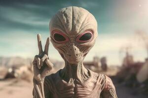 extraterrestre humanoïde spectacles paix geste sur foncé Contexte. génératif ai photo