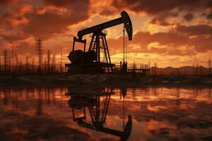 silhouette de pétrole pompes à le coucher du soleil. énergie crise. génératif ai photo