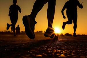 coureurs silhouettes formation à le coucher du soleil. sport Activités en plein air. génératif ai photo