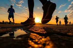 coureurs silhouettes formation à le coucher du soleil. sport Activités en plein air. génératif ai photo