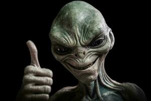 extraterrestre humanoïde spectacles pouce en haut geste sur foncé Contexte. génératif ai photo