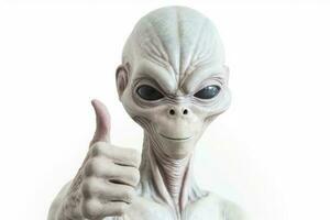 extraterrestre humanoïde spectacles pouce en haut geste sur blanc Contexte. génératif ai photo