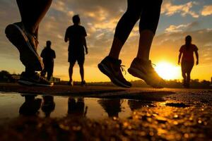 coureurs silhouettes formation à le coucher du soleil. sport Activités en plein air. génératif ai photo