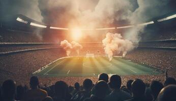 Football stade avec allumé lumières, fusées éclairantes et fumée bombes. génératif ai photo