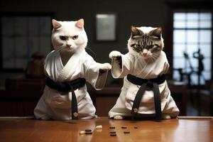 deux chats portant kimono pour martial les arts à entraînement. génératif ai photo