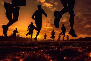 coureurs silhouettes formation à le coucher du soleil. sport Activités en plein air. génératif ai photo