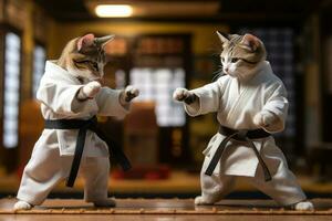 deux chats portant kimono pour martial les arts à entraînement. génératif ai photo