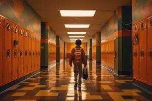 retour vue de garçon dans école. éducation dans élémentaire école. génératif ai photo