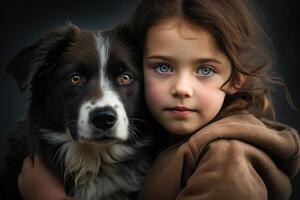 fille et chien portrait. animal de compagnie se soucier. gens émotions. génératif ai photo