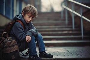 école garçon séance seul à escaliers. victime de école intimidation. génératif ai photo