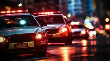 police voiture avec clignotant lumières à nuit rue. génératif ai photo