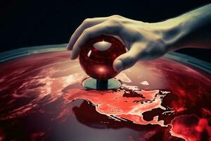 monde guerre concept. main pousser rouge bouton pour nucléaire attaque. génératif ai photo