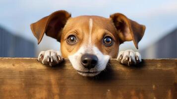 chien regards en dehors de bord. animal de compagnie portrait. génératif ai photo