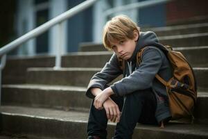 école garçon séance seul à escaliers. victime de école intimidation. génératif ai photo