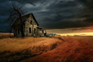 abandonné maison dans le champ. génératif ai photo